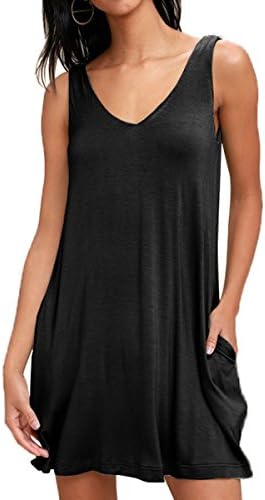 GOCHIC Women's Summer V Neck Sleeveless V Back Casual T-Shirt Dress Whit Pockets
