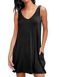youxiua Mujer Casual vestido de manga corta cuello en V profundo sin mangas floja del verano mini vestido con bolsillos