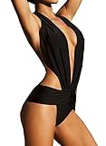 Women's Deep Plunge Halterneck One Piece Bikini Swimsuit Swimwear