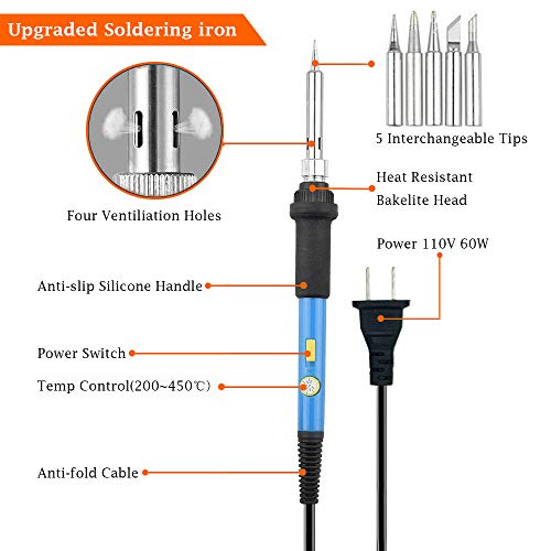 Soldering Iron Kit Electronics 33 in 1, Upgraded 60W Adjustable Temperature Soldering Iron with ON/OFF Switch,Mini Hot Glue Gun,5-in-1 Screwdriver,5 Tips,Solder Wire,Solder Sucker,Tweezers,Stand,Case
