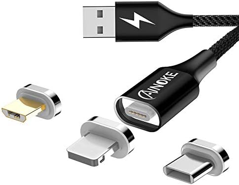 USB Magnetic Cable,Ainoke 3A Magnetic USB Charging Cable 3-in1 Cable Fast Charging Sync Data Cable with Micro USB Type C and for i-Product,Nylon Braided with LED for i-Product Android USB C(3.3ft/1M)