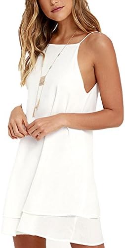 MEIYING Women's Summer Sexy Sling Loose Mini Dress (L, White)