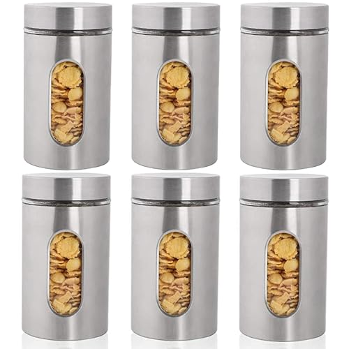 GGEROU Stainless Steel Food Storage Canister Sets with Glass Visible Window & Airtight Lids,Set of 6 Airtight Sugar Coffee Tea Candy Storage Jars，Food Storage Containers Grain Storage Tank (M：950ml)