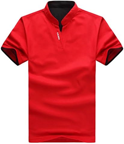 CRYYU Mens Summer Stand V-neck Short Sleeve Polo T-shirt Blouse Red US M