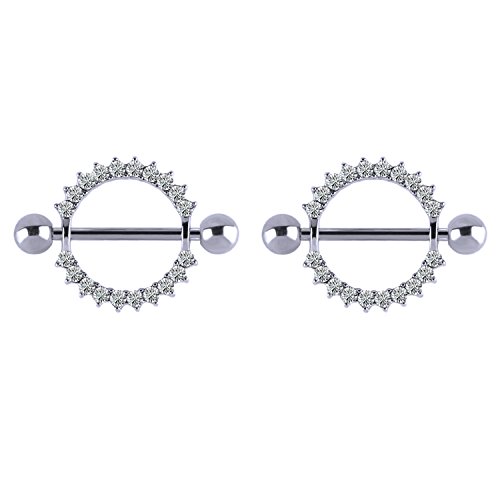 2Pcs Nipple Rings Shield Sun Flower With Diamond Stainless Steel Body Piercing Jewelry (Crystal Clear 14G=1.6mm)