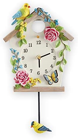 Collections Etc Birds and Butterfly Hand-Painted Birdhouse Clock with Swinging Pendulum and Floral Details - Spring Accent for Any Room in Home
