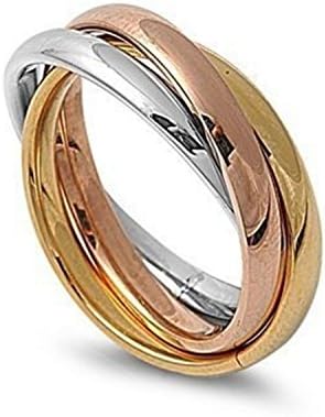 Stainless Steel Interlocked Triple Braided Multi Color Band Ring, Tri Color Wedding Band Ring Sizes 5-10 (7)