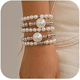 Denifery Gold Beaded Bracelets Set for Women Pearl Stackable Elastic Bracelets Chunky Beaded Ball Adjustable Multilayer Bangles Wedding Jewelry