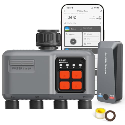 Smart WiFi Water Timer 4-Zone, Sprinkler Timer with with 984 Feet RF Gateway, 4 Outlets Hose Timer with Rain Delay, Wireless Irrigation Timer with Automatic/Manual for Garden/Lawn