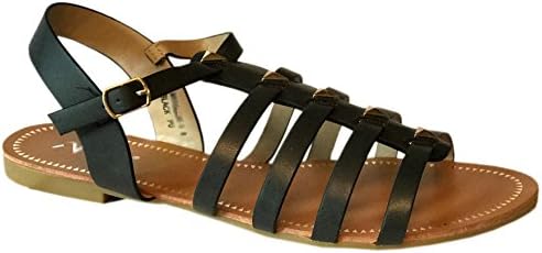 New Womens Strappy Roman Gladiator Sandals Flats T Strap Thongs Shoes (8.5, BlackMsGide9)