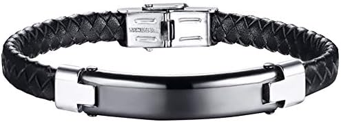 Nanafast Personalized Free Engraved Stainless Steel ID Tag Bracelets Band Braided Genuine Leather Black Wristband for Men Him 8.5"