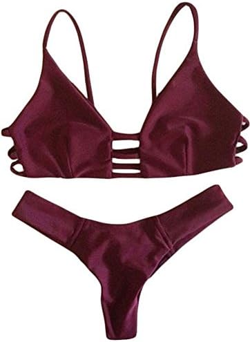KOINECO Women's Sexy Strappy 2 Piece Cut Out Bikini Set Swimwear Burgundy Large