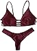 KOINECO Women's Strappy Cut Out Padded Bikini Set Swimwear Burgundy Small