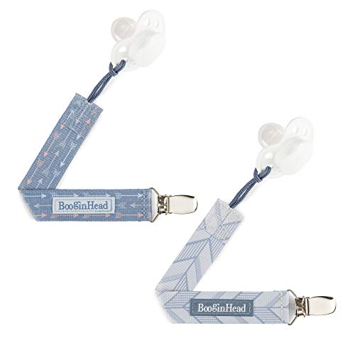 BooginHead Baby Newborn PaciGrip Pacifier Clip, Holder, Toy, Teether, Soothie, Universal Loop Layette Boy, Blue Arrows, Blue Feathers, 2 Pack