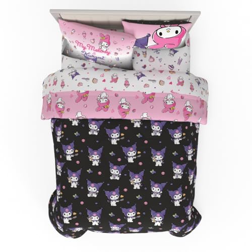 Franco Sanrio Kuromi & My Melody Bedding 7 Piece Super Soft Cozy Reversible Comforter and Sheet Set with Sham, Full, (Officially Licensed Product)