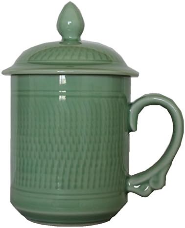 Celadon Coffee Mugs with Lid 15oz Porcelain Teacups(Light Green)