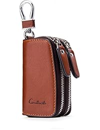 Contacts Genuine Leather Double Zipper Car Key Case Holder Key Bag (Brown)