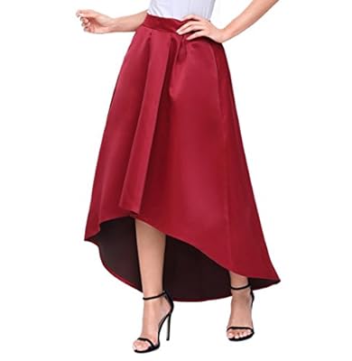 Acelitt Women Casual Asymmetric High-Low High Waist Pleated Hem Maxi Prom Skirt Burgundy Red Small