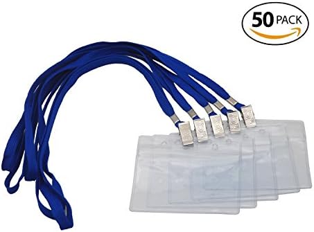 ID Badge Holders & Lanyards, 50 sets, Blue Lanyard and Horizontal Name Tags Hole Punched Zipper Waterproof Resealable Clear Plastic Labels Credit Card Holder For Employees Heavy Duty Pair
