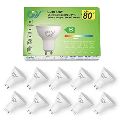 GY GU10 LED Bulbs, 4.9W (80W Equivalent), 790 Lumens, 4000K Neutral White, Energy Saving GU10 LED, Long Life, Low Consumption, 120° Beam Angle, Non-Dimmable, Pack of 10