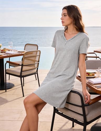 Litherday Camisón Mujer Verano Manga Corta Cuello en V con Encaje Suave y Transpirable Pijama Camisón Cómodo para Dormir y Casa S-XXL