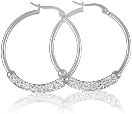 Silver Round Hoop Earrings Micro Pave Set Crystals CZ Accents Stainless Steel 1.4" inch, 35 mm
