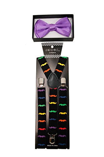 Brand New Unisex Adult Fashion Rainbow Mustache Suspenders Bow Tie Set (Rainbow + Purple)