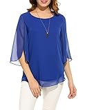 ACEVOG Women's Solid Loose Casual Cuffed 3/4 Sleeve Blouses (Blue L)
