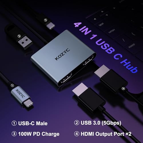 KOZYC USB C to HDMI Dual 4 in 1 Adapter - Hub with 2 HDMI 4K, USB 3.0, 100W PD - Compatible with MacBook Pro Air (MST Support Only for Windows)