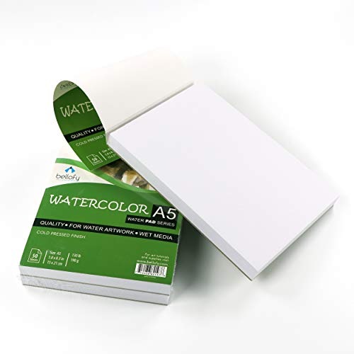 Bellofy 50 Sheet A5 Small Watercolor Paper Pad - 130 IB/190 GSM Weight - 5.8x8.3 inch - Cold Press Paper - Water Painting Art Notebook Pad - Watercolor Sketchbook - Painting Paper - Watercolor Journal