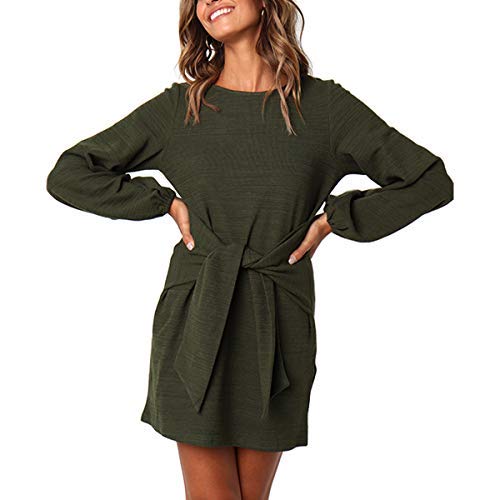 EbuyGo Women\'s Long Sleeve Casual Round Neck Wear to Work Casual Pencil Dress Belt