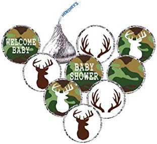 It's a Buck Deer BIRTHDAY OR Baby Shower Hershey's Kisses Stickers - Camo and Blue OR Camo and Pink - Printed &amp; Shipped (210 Stickers)