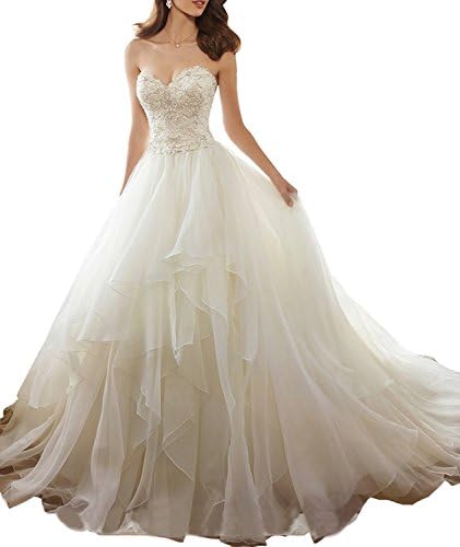 Mella Women's Beading Lace Back Corset Organza Ruffles Wedding Dresses for Bride 2017 Bride Gown Ivory-6