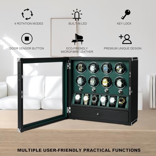 DUKWIN Watch Winder for 2/4/6/8 Automatic Watches with Key Lock, 3/6 Extra Watch Storages,4 Rotation Modes, LED Light, Super Quiet Motor, Spring Watch Pillows for Men＆Women