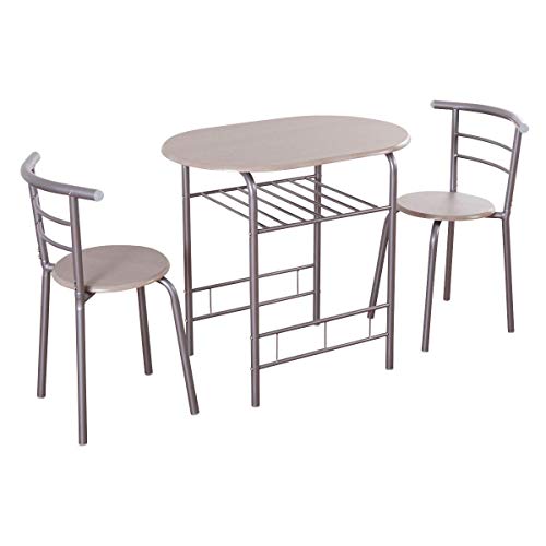 Giantex 3 Piece Dining Set Compact 2 Chairs and Table Set with Metal Frame and Shelf Storage Bistro Pub Breakfast Space Saving for Apartment and Kitchen (Beech)