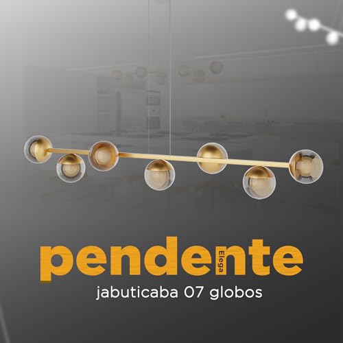 Pendente lustres Luminária de Teto Jabuticaba Dourado com 7 Globos de Vidros Ambar 12cm Bivolt aluminio Iluminação Sala, Cozinha, Quarto, Escritorio, Sala de Jantar e Estar