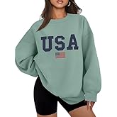 Dressmine Womens Oversized USA Sweatshirt Fleece Long Sleeve Pullover American Flag Crewneck Sweater Graphic Hoodies