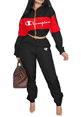 Womens Two Piece Outfits Tracksuit Set Casual Letter Print Blazer Crop Jacket Top and Pants Jumpsuit