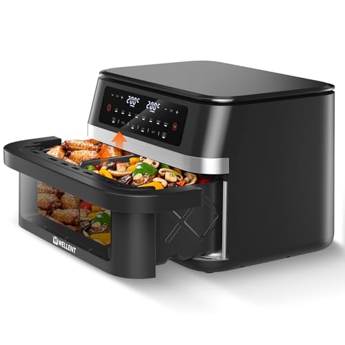 WELLENT 12L Dual Zone Airfryer XXL - 2950W Hot Air Fryer 2 Chambers (6+6L) - Hot Air Fryer Double Chamber with Viewing Window, Match & Sync Function, Shake Reminder, Dishwasher Safe