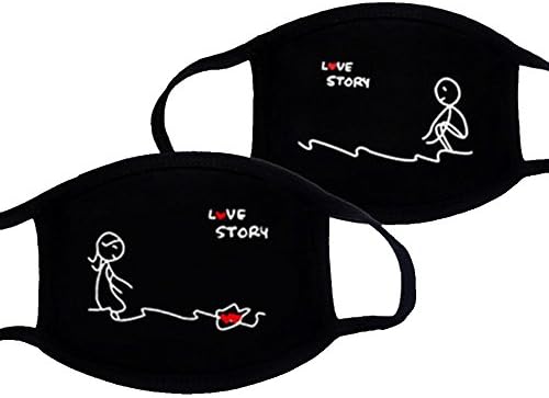 Heurm Alado 2pcs Couple Unisex South Korean Cute Cartoon Fashion Personality Cotton Anti-Cold Anti-Dust Breathable Mouth-Muffle Couple Face Mask Black (Style 2)