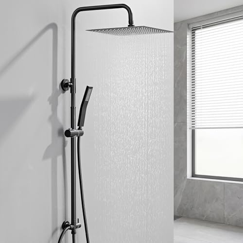 Auralum Edelstahl Regendusche ohne Armatur,Duschsystem mit Duschkopf 25x25cm Eckig,Messing Wasserteiler,Höhenverstellbar Duschstange Duschsäule,Dusche
