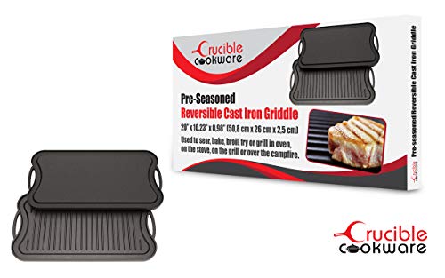 Cast Iron Griddle (20" by 10"), Reversible, Pre-Seasoned, Grill and Griddle Combo, BBQ, Campfire, fits over two stovetop burners