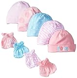Gerber Baby Newborn 5 Pack Caps and 4 Pack Mitten Bundle Love for Girls, Pink, 0-6 Months