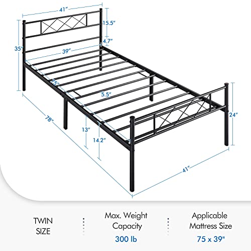 Yaheetech 13 inch Black Industrial Twin Platform Metal Bed Frame with Headboard and Footboard