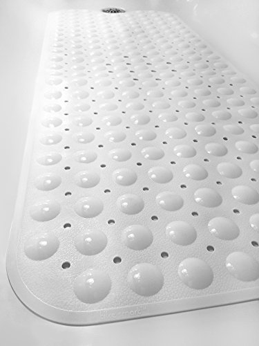 Tike Smart Extra-Long Non-Slip Bathtub Mat, 39”x16” (for Smooth/Non-textured Tubs Only) - Safe & Clean, Anti-bacterial, Machine-washable, Superior Grip & Drainage - Non-Slip Bath Mat - Vinyl - White