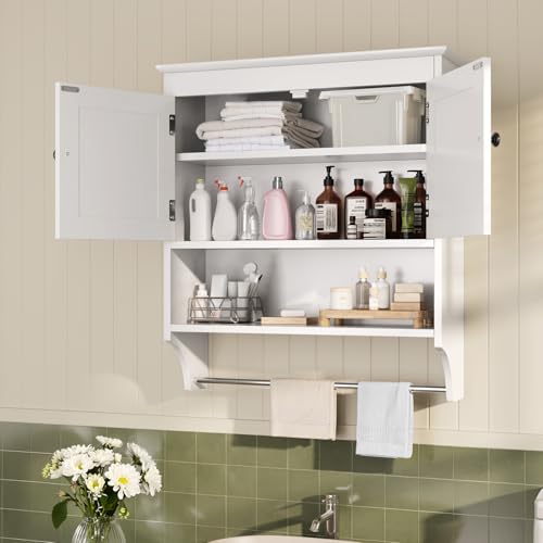 FL FASHION LEADER Armario de baño montado en la Pared con Puertas, Armario Colgante de Madera con Puertas y estantes sobre el Inodoro, gabinete de Pared de baño Blanco