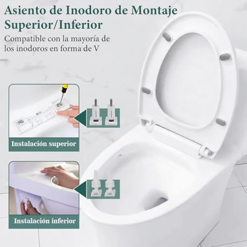 Asiento Elongado para WC Asiento para Inodoro de Cierre Lento y Silencioso Tapa para Retrete Económico Toilet Seat Residencial Tapa de Baño WC Universal Taza de Inodoro Alargado para Sanitario 46*36cm
