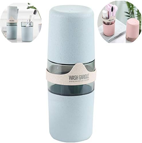 Toothbrush Travel Container & Gargle Cup 2 Pack, YEEHO Portable Natural Wheat Straw Dual Mugs Towel Toothpaste Holder Organizer Case Storage Box for Outdoor Business Trip Wash Water Coffee Milk,Blue