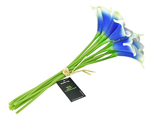 FiveSeasonStuff 10 Stems of Real Touch Calla Lillies (Latex) Artificial Flower Bouquet, Perfect for Wedding, Bridal, Party, Home Office Décor DIY (White & Blue)