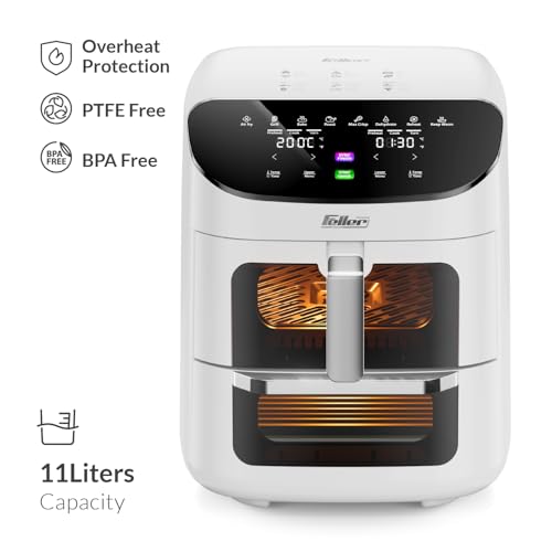 Feller Germany 1850W Air Fryer, 11L XL Capacity, Dual Zone + Sync Finish, 8 Presets, Pizza Stone, 360° Rapid Air Tech, Bake, Reheat, Dehydrate, Non-Stick, Touch Panel, 2Y Guarantee AFR1100 UAE (White)